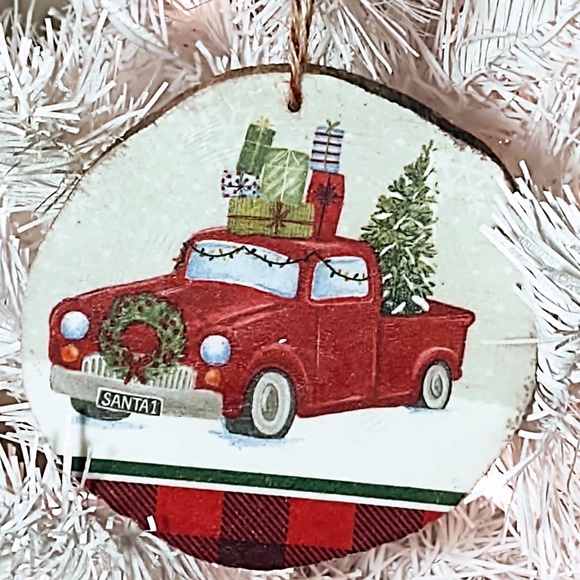 Hand Crafted Decoupage Wooden Christmas Ornament/Vintage Decorated Red Truck - Picture 3 of 3